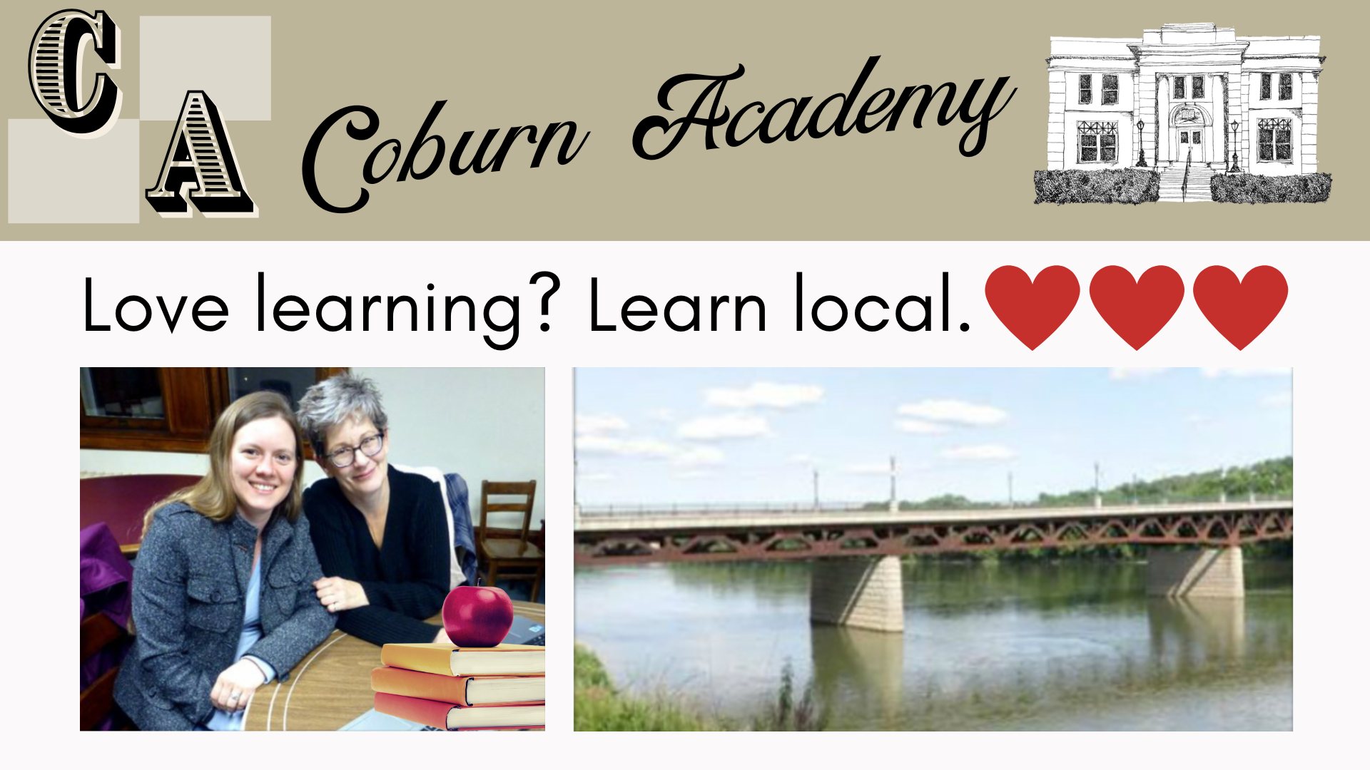 Image of Coburn Academy Image. Shows Susquehanna River and bridge leading into Owego, NY