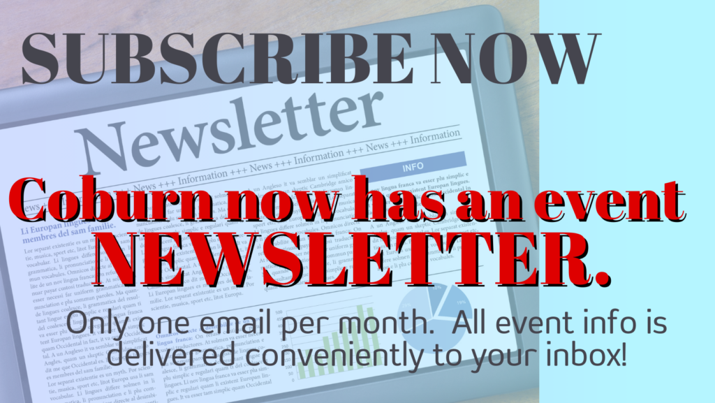 Image of newsletter announcement. Coburn Free Library now has an event newsletter. Only one email per month.