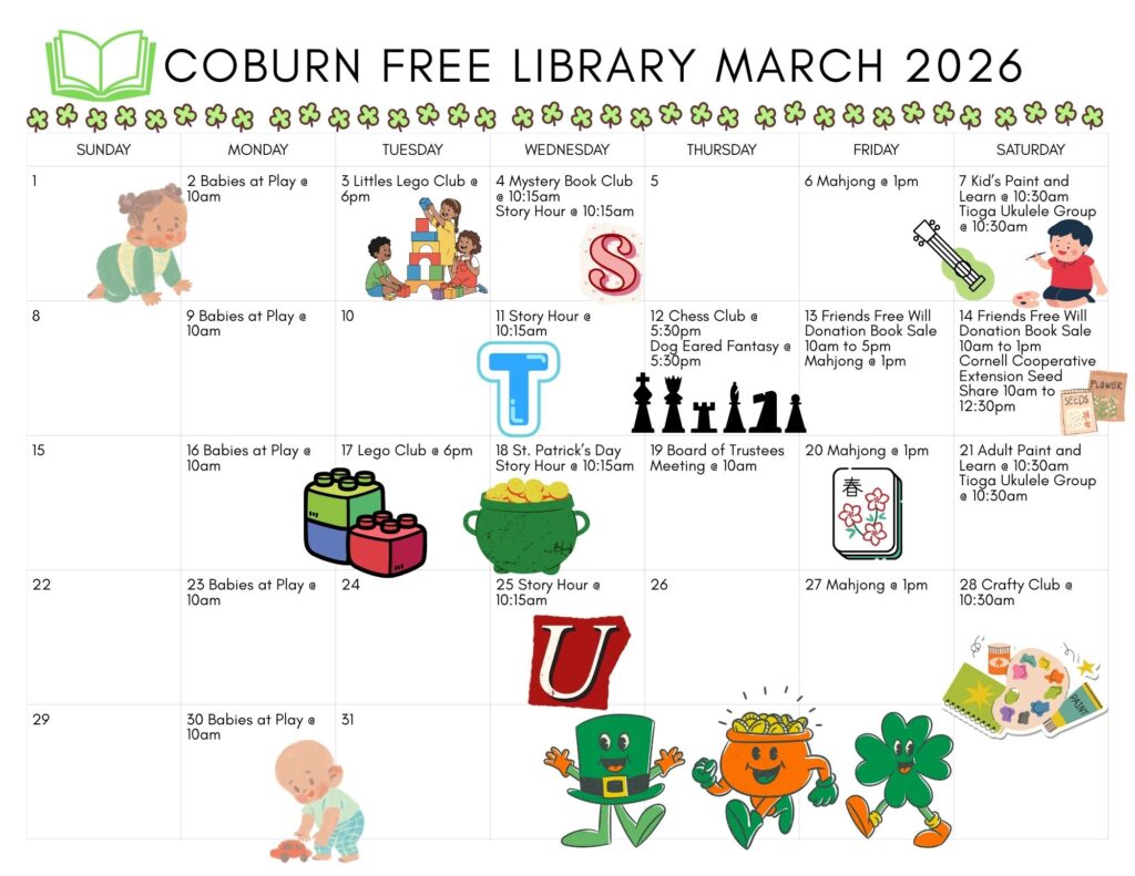 A calendar of events for March 2026 at the Coburn Free Library. A list of programs and events can be found at coburnfreelibrary.org/events.