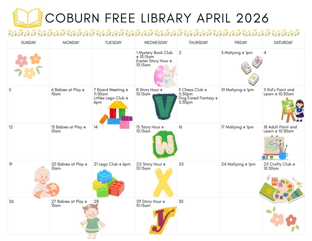 an image of the Coburn Free Library April 2026 program calendar. A full list of events can be found at coburnfreelibrary.org/events