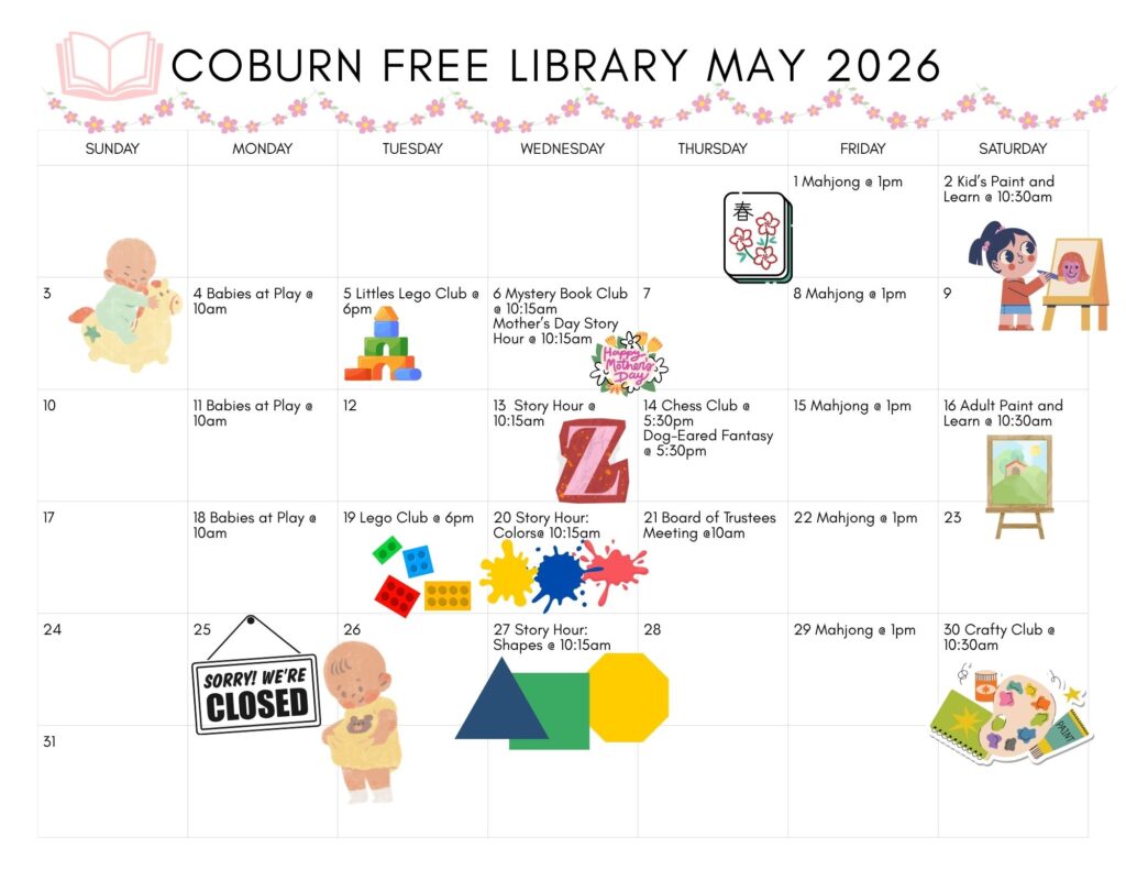 An image of the May calendar of events at the Coburn Free Library. A full list of events can be found at coburnfreelibrary.org/events