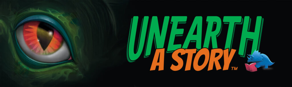 Banner with the slogan Unearth a Story, a dinosaur eye and a small blue triceratops reading a book.
