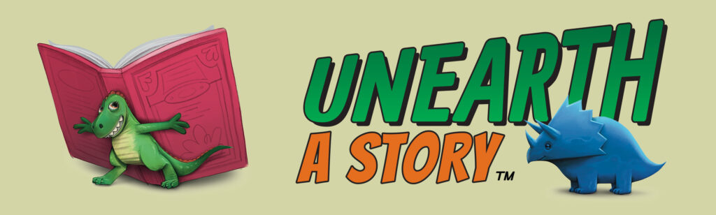 Banner with slogan Unearth a Story with a little dinosaur holding a book and a small blue triceratops.